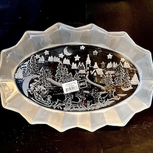 Vintage Mikasa Holiday Classics Oval Platter Frosted and Clear Glass Original Box 11.75 x 6 NEW