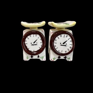 Napco Ceramic Porcelain Salt & Pepper Shakers Weighing Scales Hand Painted Florals Cork Stoppers Made in Japan Original Stickers Attached