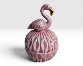 Vintage Ceramic Pink Flamingo Textured Round Trinket Box Ring Dish Gold Accents