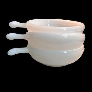 Set of 3 Vintage J2663 Glasbake Milk Glass Chili Soup Bowls w/ Lug Handles EUC