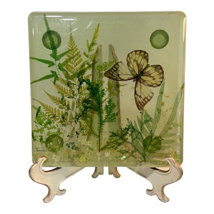 Vintage Lucite Trivet Butterfly and Florals