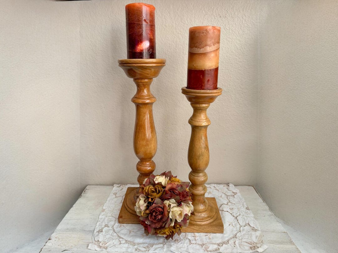 Set of 2 Vintage Mid Century Modern Large Wooden Pillar Candlestick ...