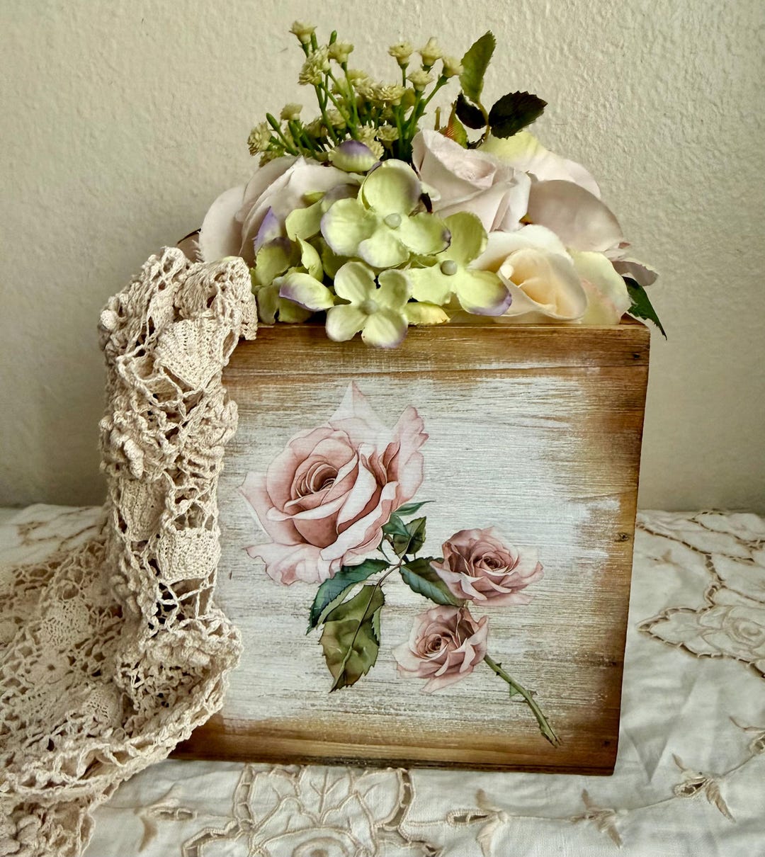 Hand Painted Rustic Wooden Box Shabby Chic Pink Roses Upcycled - Etsy