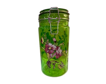 Vintage Green Glass Lidded and Hinged Canister Jar Upcycled with Vintage Florals
