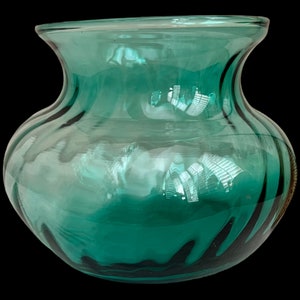 Vintage Mid Century Modern Empoli Style Optic Swirl Hand Blown Art Glass Wide Vase Turquoise Aqua