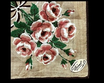 Stunning Vintage 1950s Burmel Original Ladies' Handkerchief Roses 13"x 13"