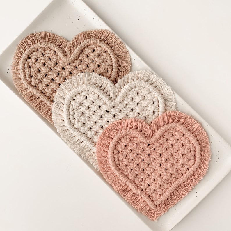 Heart Macrame Coaster / Crystal, Plant, Coffee Mug Coaster / Bohemian Coasters / Valentine's Decor / Housewarming Gift / Macrame Rug image 1