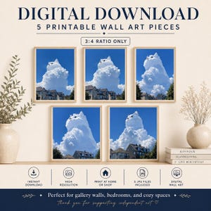 May include: Five framed digital art prints featuring a whimsical cat-shaped cloud against a blue sky. The prints are displayed on a shelf with decorative elements and the text "DIGITAL DOWNLOAD" and "5 PRINTABLE WALL ART PIECES".