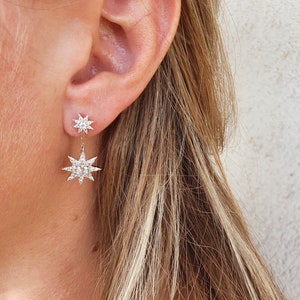 Pendientes de estrella octogonal 2 en 1, plata de ley 925, circonitas cubicas.