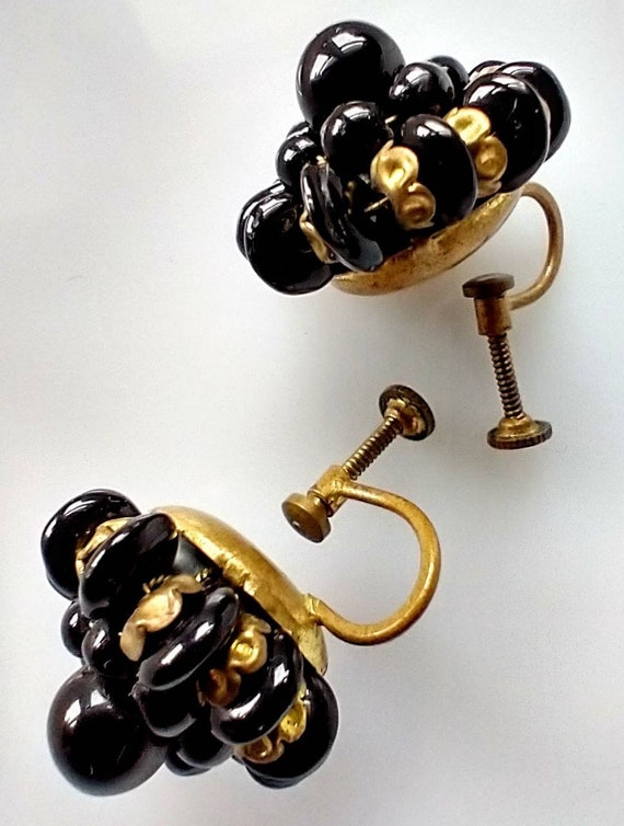Vintage 1950s Black and Gold Bead Cluster Earring… - image 3