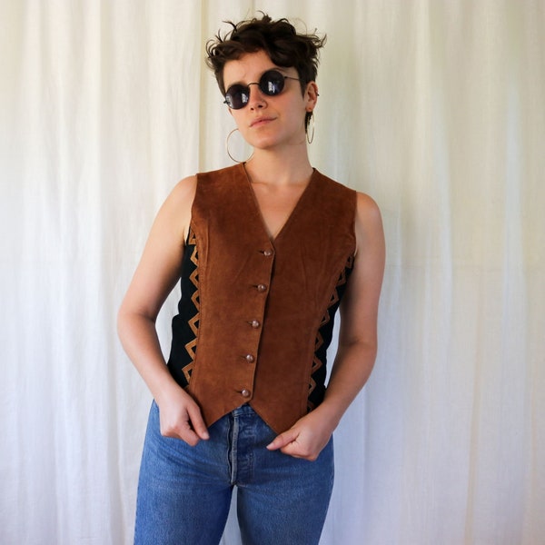 brown + black leather vest // size small unisex mens womens button up // rocker motorcycle vest triangle pattern // cool rad grunge