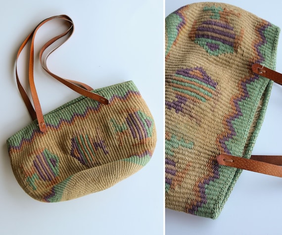 woven sisal market bag // teal purple tan // big t