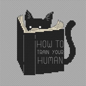 May include: Black cat peeking out of a book titled "How to Train Your Human".
