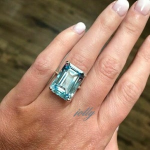 GORGEOUS! Big Stone Aquamarine Ring, Engagement Ring, Emerald Cut Aquamarine Ring,925 Sterling Silver Ring, Birthday & Valentine's Day Gift