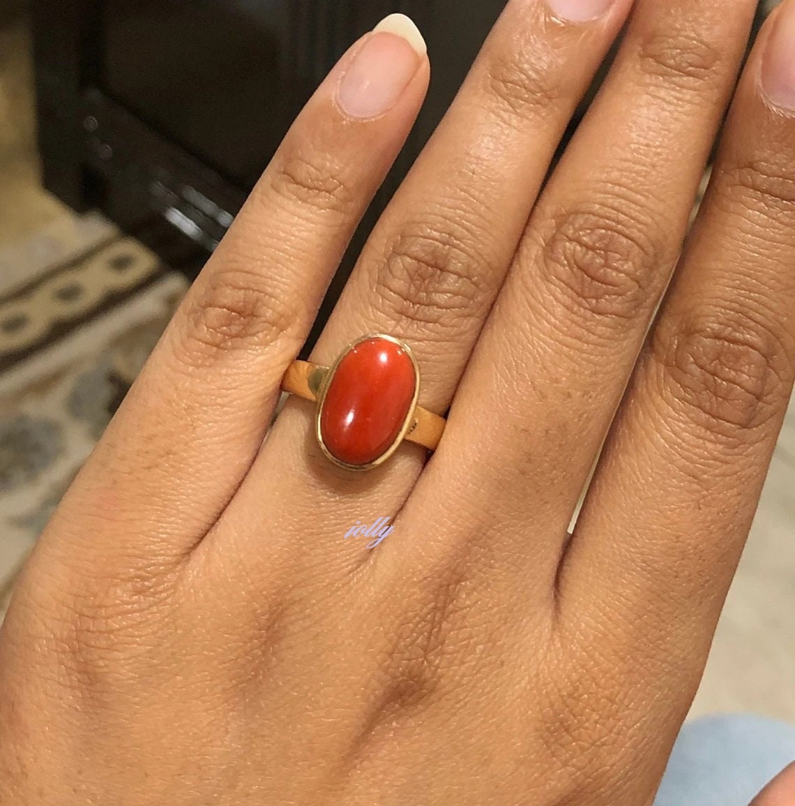 Triangular Red Coral Gold Ring (AC2) | GemPundit