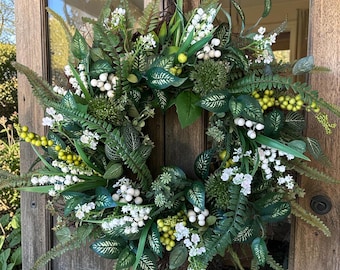 Home decor wreath, faux flower and foliage wreath, artificial wreath, spring wreath, fern wreath