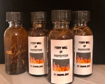 May include: Four small glass bottles filled with a clear liquid and herbs. Each bottle has a white label with the text "Fiery Wall of Protection" and a graphic of flames. The labels also include the text "By: Shoppe Jinx".