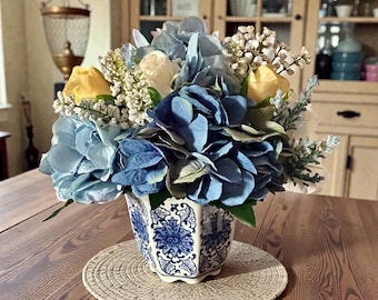 Blue  floral arrangement, hydrangea centerpiece, faux floral arrangement