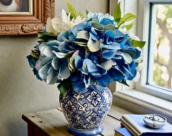 Blue  floral arrangement, hydrangea centerpiece, faux floral arrangement