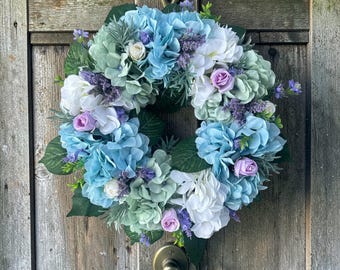 Pretty blue wreath, silk flower wreath, artificial wreath, spring wreath, hydrangea wreath