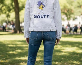 White denim jacket, embellished denim jacket, salty designed jacket