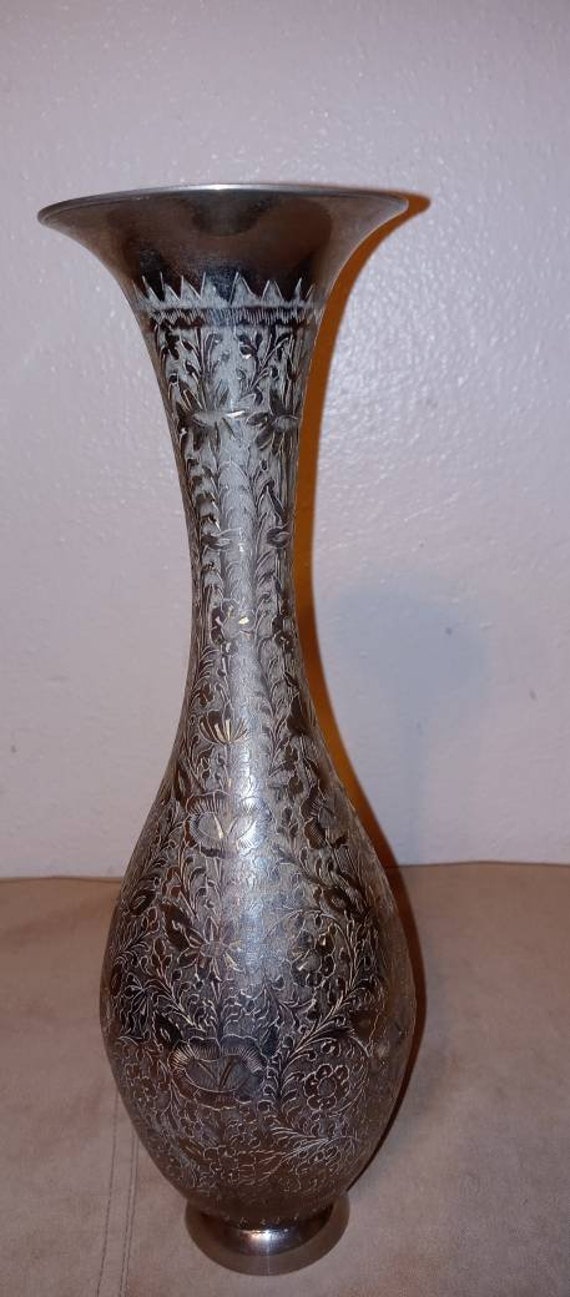 Vintage Brass Etched Vase Made in India, 6 inches tall Geometric Design  Decor