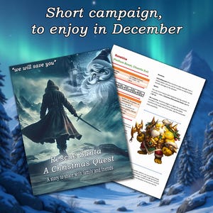 Puede incluir: Una aventura de juego de rol de mesa con temática navideña, con un paisaje nevado con un personaje con una capa negra y una espada, y un monstruo con un gorro de Papá Noel. El texto dice "Rescue Santa: A Christmas Quest, A story to share with family and friends".