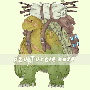 May include: Illustration of a turtle-like creature with a backpack, carrying supplies. The turtle is green and yellow with a brown backpack and straps. The text "P2U Turtle base" is at the bottom of the image.