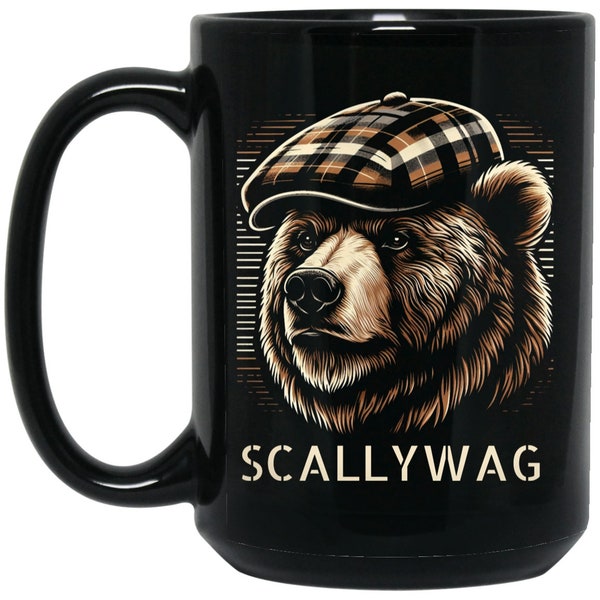 15 oz Black Scallywag Scally Cap Mug with Brown Plaid Grizzly Bear Design