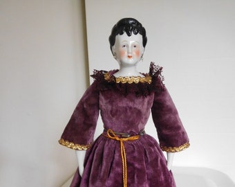 Vintage Antique Reproduction 14" Fancy Hair China Head Doll w/Pierced Ears