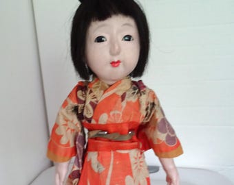11インチ アンティーク 日本の民芸 赤ちゃん 子供 女の子 粘土 木製