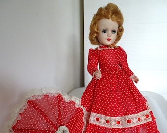 Vintage 1950's Tagged Mary Hoyer 14" Red Southern Belle Hard Plastic w/ Parasol