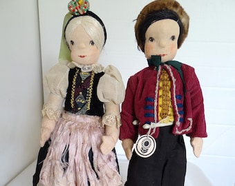 Vintage 14" Duitse Schreiber Puppe Berlin Cloth Boy & Girl allemaal origineel met tag