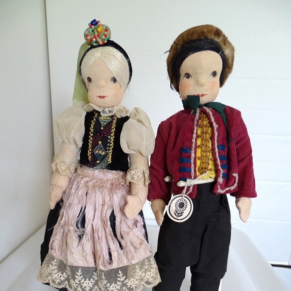 Vintage 14" German Schreiber Puppe Berlin Cloth Boy & Girl All Original w/Tag