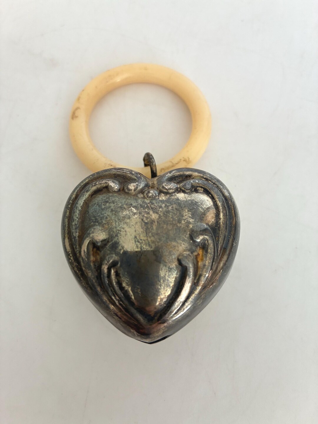 Metal Rattles Antique Vintage Metal Heart Baby Rattle W/celluloid Teething Ring Still ...