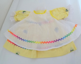 Vintage Yellow Dress & Pinafore w/Frogs for Medium to Large Size Baby Doll