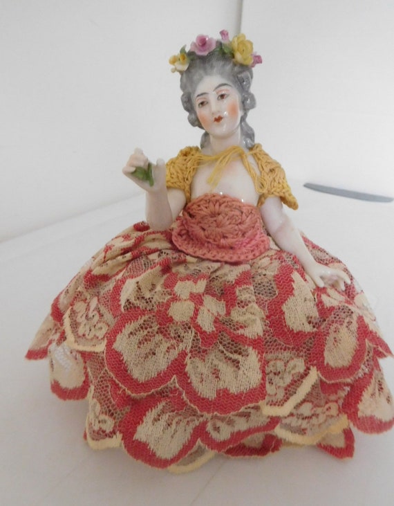Antique German Dressel Kister China Head Half Doll Pin Cushion W