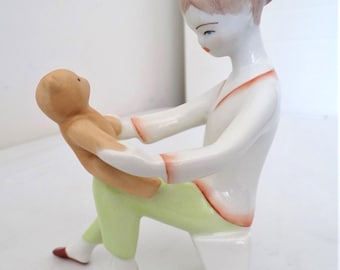 Vintage Herend Budapest Porcelain Figurine 5.5&quot; Girl with Teddy Bear
