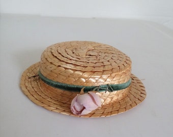 Vintage Straw Hat w/Green Ribbon for 10" Circumference Doll Head