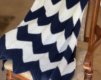 Chevron Navy Blue and White Handmade Crocheted Blanket