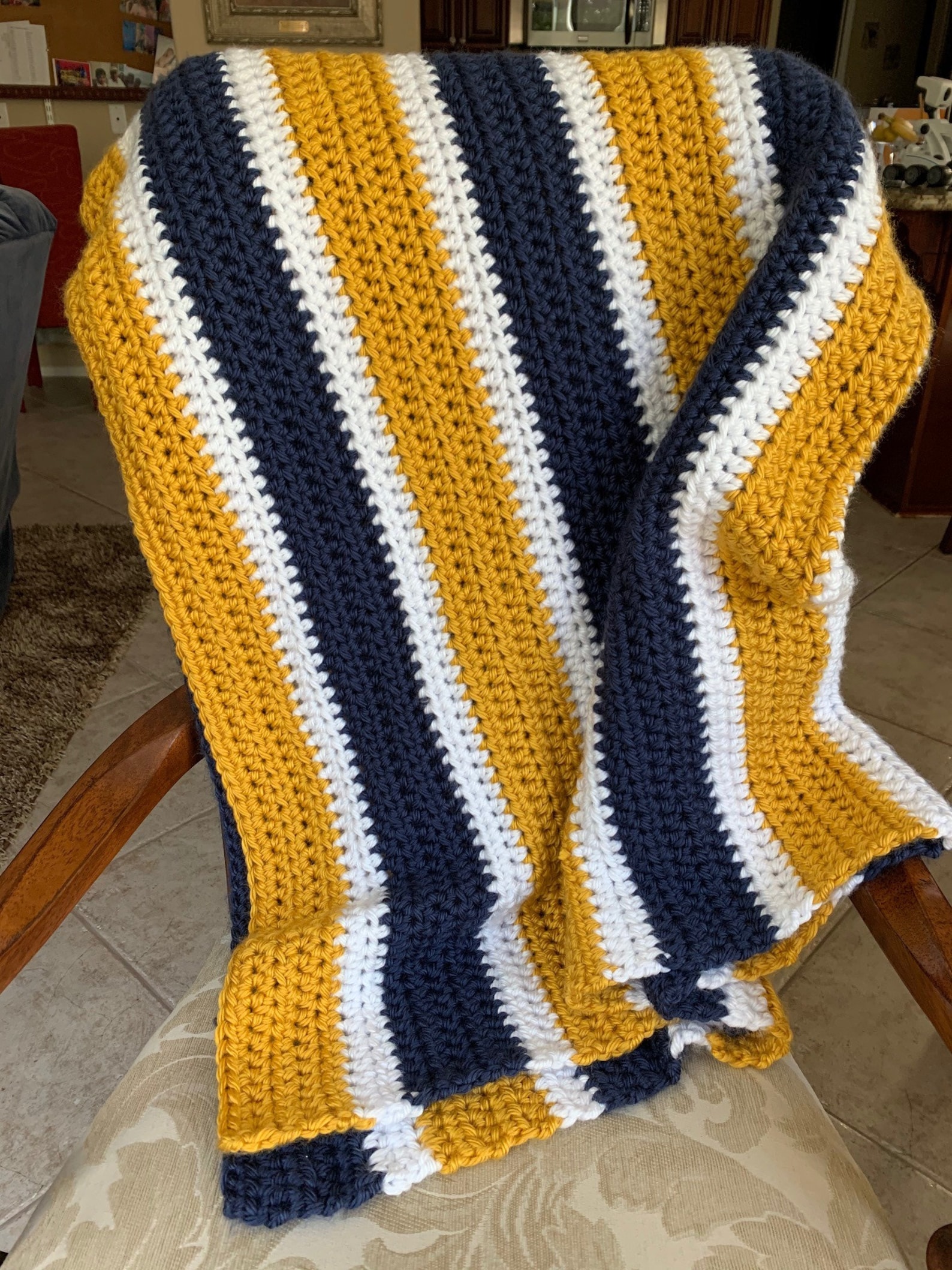 Handmade Crochet Striped Blanket Navy Blue, Mustard Yellow Gold and