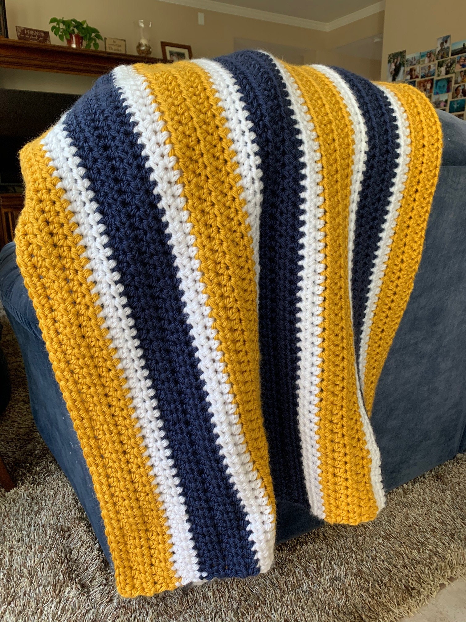 Handmade Crochet Striped Blanket Navy Blue Mustard Yellow Gold