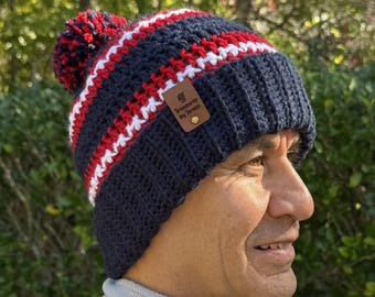 Patrón de crochet para gorro con temática de los New England Patriots y los Houston Texans