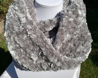 Velvet Infinity Scarf - Chunky Grey - Handmade - Crocheted