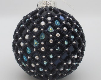 Christmas balls made of glass of 6 cm, with seed cailles in mesh technology, dark blue