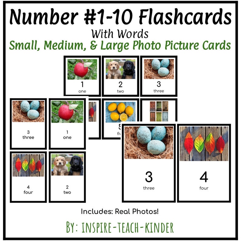 Puede incluir: Cartas de n&uacute;meros con fotos reales para los n&uacute;meros del 1 al 10. Cada carta presenta una foto de un objeto diferente, como manzanas, cachorros, huevos y hojas, junto con el n&uacute;mero y la palabra para el n&uacute;mero. Las cartas est&aacute;n etiquetadas como "Cartas de im&aacute;genes peque&ntilde;as, medianas y grandes" e "Incluye: &iexcl;Fotos reales!"
