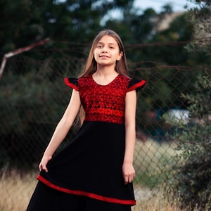 Palestinian Mediterranean traditional Tatreez Thob thoub Thoube Thobe Ruffle dress with red embroidery machine cross stitch for girl for Eid