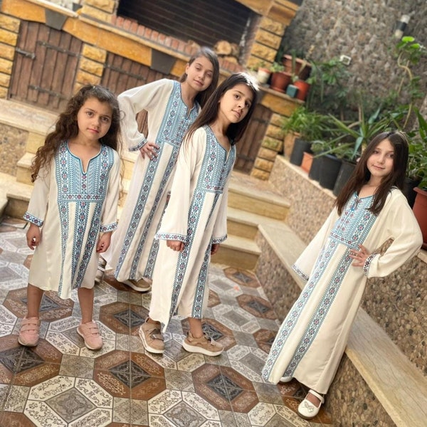 Palestinian Mediterranean Tatreez Thob/ Thoub/ Thoube/Thobe dress with blue embroidery cross stitch short or maxi for girl for Eid & Ramadan