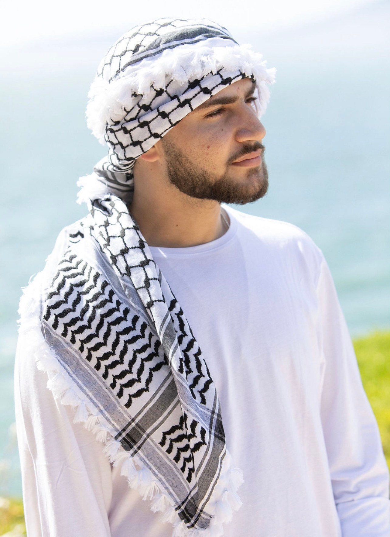 Oh jee credit Bedrijfsomschrijving Zwart-wit Palestijnse shemagh Keffiyeh sjaal met kwastjes - Etsy Nederland