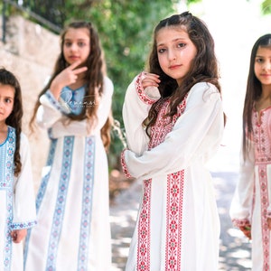 Palestinian Mediterranean traditional white Tatreez Thob/Thoub/ Thoube/ Thobe dress with red embroidery/ machine cross stitch for baby/ girl